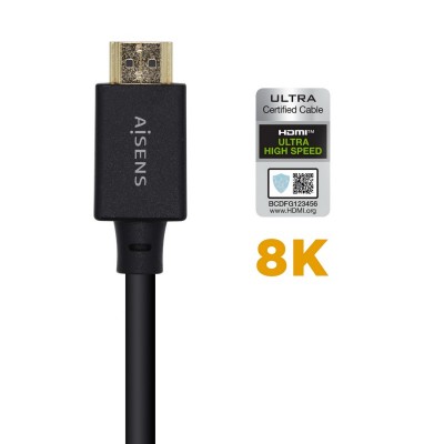 AISENS Cable HDMI V2.1 Ultra Alta Velocidad  HEC Certificado 8k@60Hz 48Gbps, AM-AM, Negro, 2.0m
