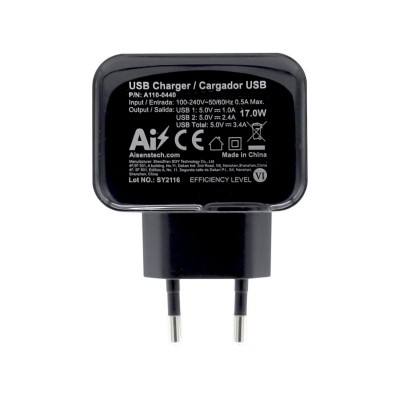 AISENS Cargador USB 17W 5V3.4A, 2xUSB Con Control AI, Negro
