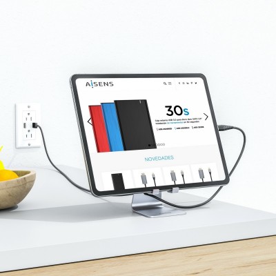 AISENS Soporte De Sobremesa Tamaño M Ajustable (1 Pivote) Para Movil  Tablet, Plata