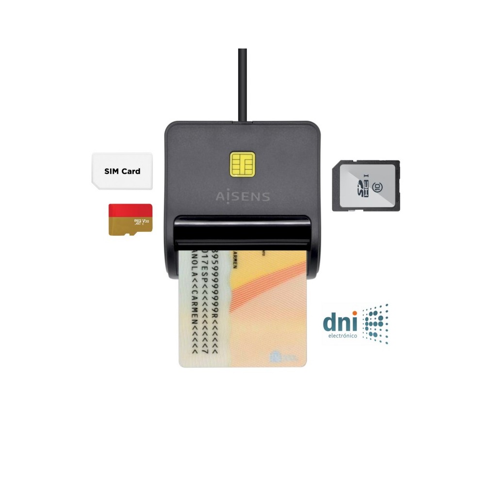 AISENS Lector de Tarjeta Inteligente DNI con Lector de Tarjetas SIM, SD, Micro SD, MMC, RS-MMC, MMC Micro, Negro