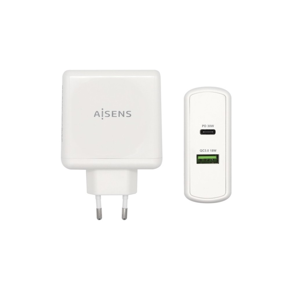 AISENS Cargador 48 W, 1x USB-C PD3.0 30 W, 1x USB-A QC3.0 18 W, Blanco