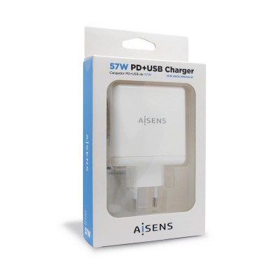 AISENS Cargador 57 W, 1x USB-C PD3.0 45 W, 1x USB-A 5 V  2.4 A 12 W, Blanco