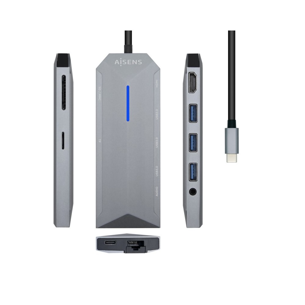 AISENS USB-C Dock 9 en 1, USB-C a 1x HDMI, 1xRJ45, 3x USB, 1x PD, 1x Audio, 1x SD, 1x Micro SD, Gris, 15 cm