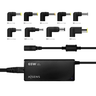 AISENS Cargador 65 W Automatico Universal Multitension Para Portatil Con 9 Conectores + USB-A QC.3.0