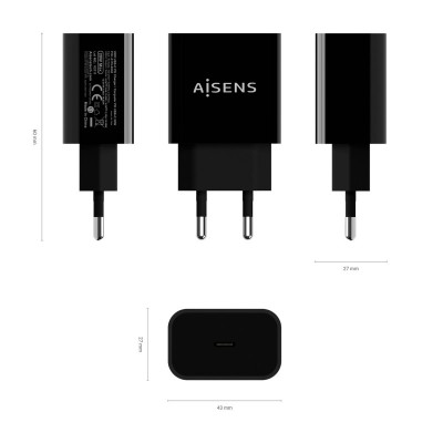 AISENS Cargador USB-C PD3.0 1 Puerto 1x USB-C 20 W, Negro
