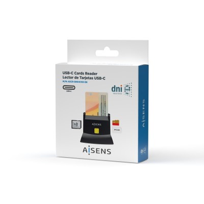 AISENS Lector De Tarjeta Dni Con Lector De Tarjetas SIM, SD, Micro SD, MMC, RS-MMC, MMC Micro, USB-C, Negro