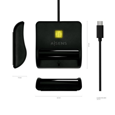 AISENS Lector De Tarjeta Inteligente DNI, USB-C, Negro