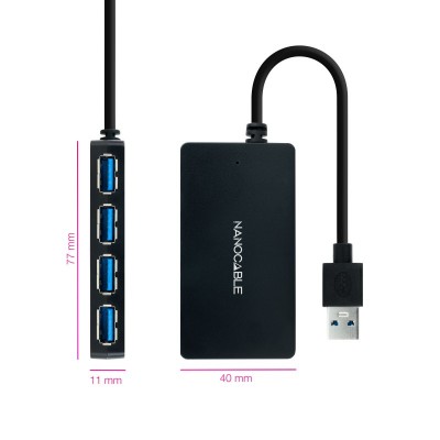 Nanocable Hub USB 3.0 con 4 Puertos de USB 3.0, USB-AM-USB 3.0H, Negro, 15 cm