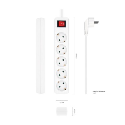 AISENS Base Multiple 5 Tomas con Interruptor con Cable 3×1.5mm2, Blanco, 1.4 m