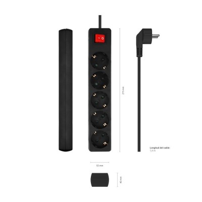 AISENS Base Multiple 5 Tomas con Interruptor con Cable 3×1.5mm2, Negro, 1.4 m