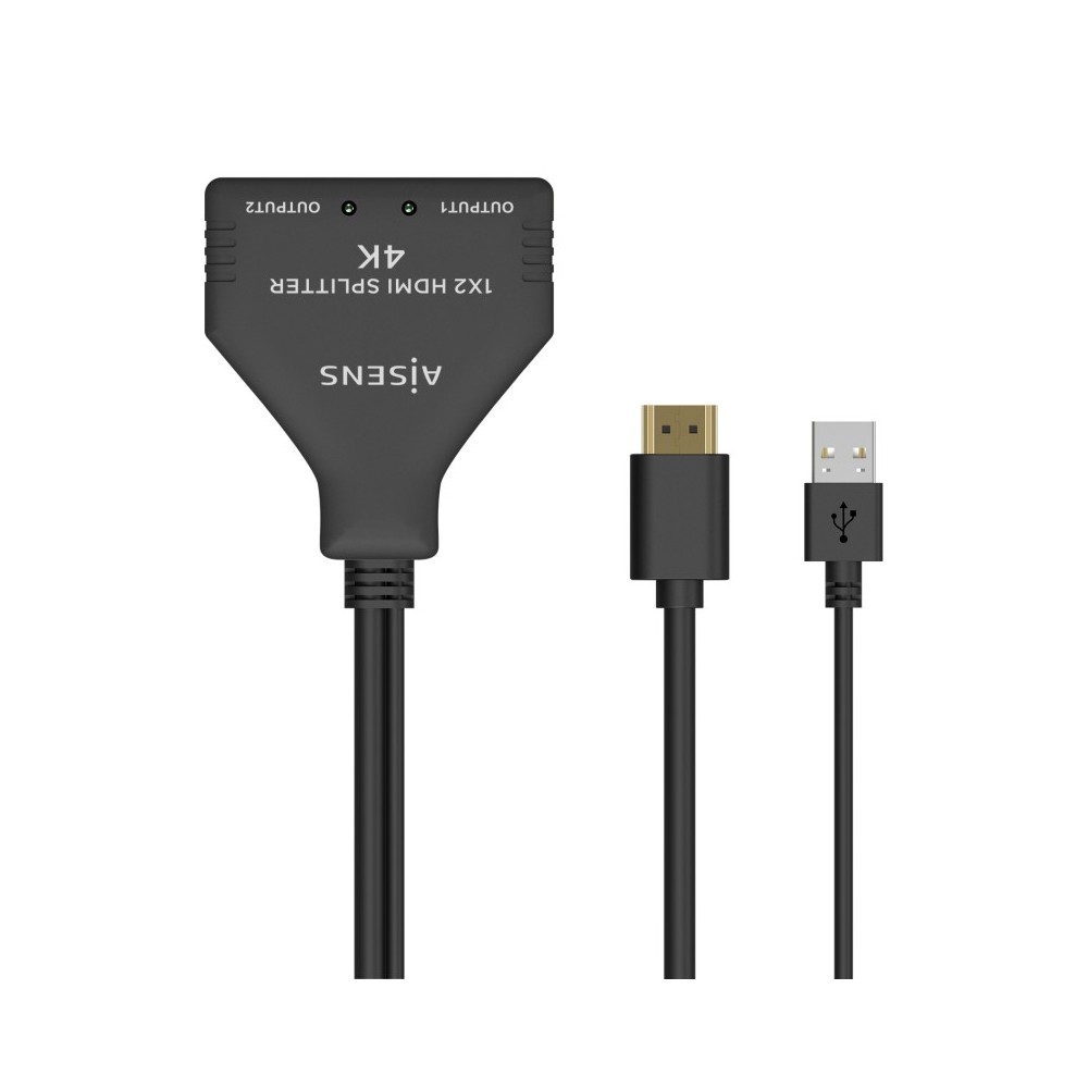 AISENS HDMI Duplicador 4K@30HZ 1×2 con Alimentación USB y Cable, Negro, 30 cm