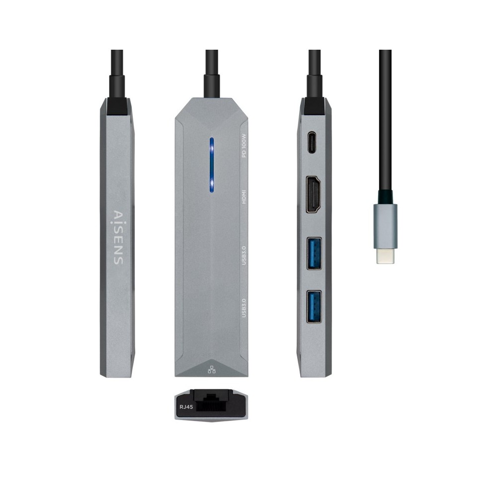 AISENS USB-C dock 5 en 1, USB-C a 1xHDMI, 1xRJ45, 2xUSB, 1xPD, Gris, 15 cm