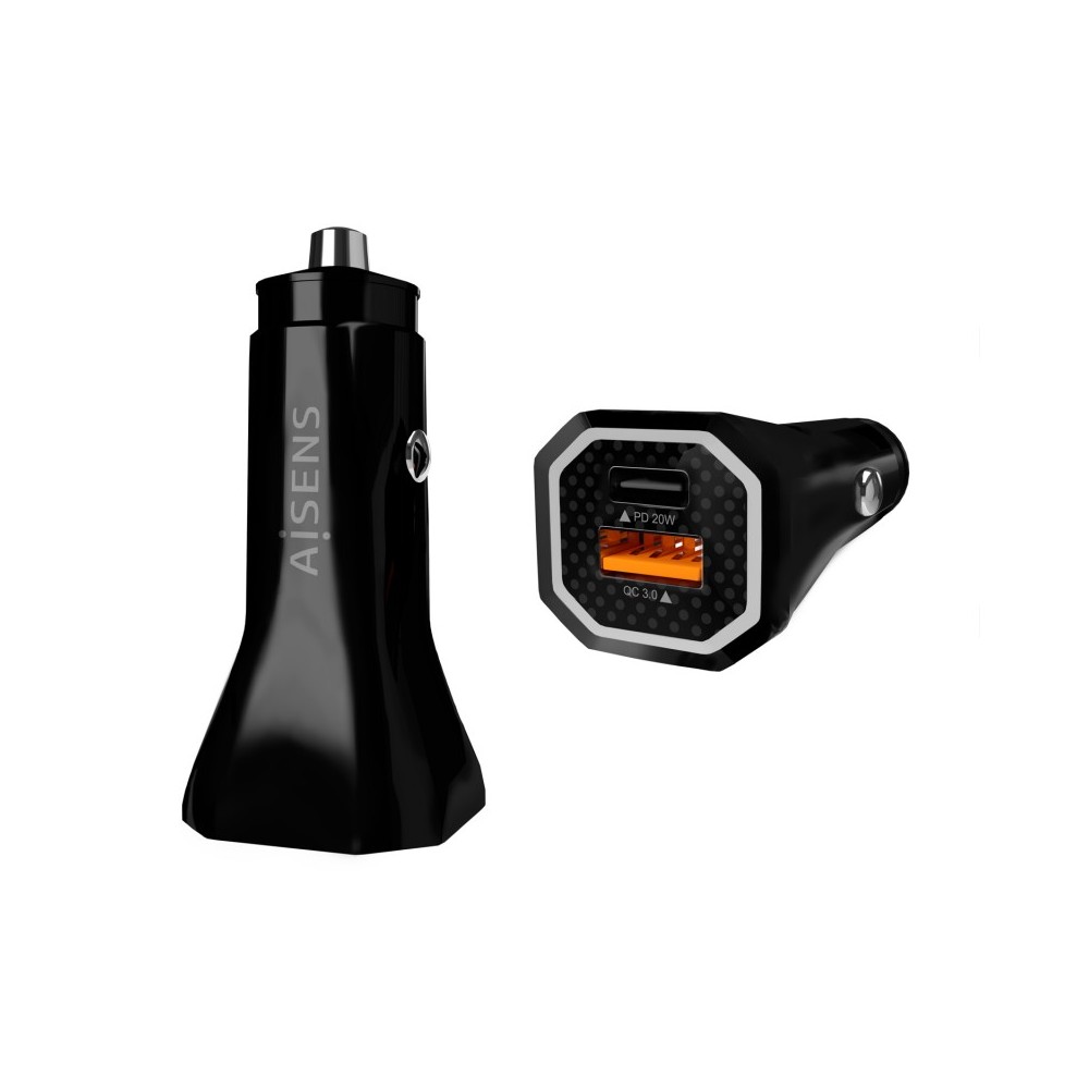 AISENS Cargador de Coche 38W,1XUSB-C PD3.0 20W,1XUSB-A QC3.0 18W, Negro