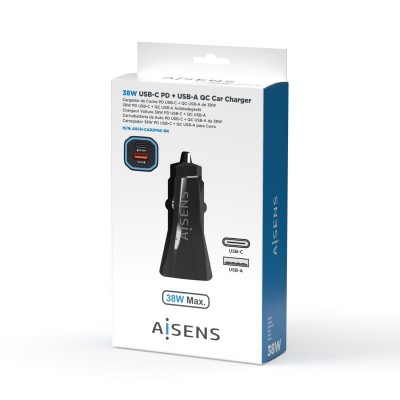 AISENS Cargador de Coche 38W,1XUSB-C PD3.0 20W,1XUSB-A QC3.0 18W, Negro