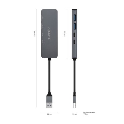 AISENS Hub USB3.2 Gen1 5G USB-A, USB-AM-2xUSB-CH-2xUSB-AH, Gris, 15cm
