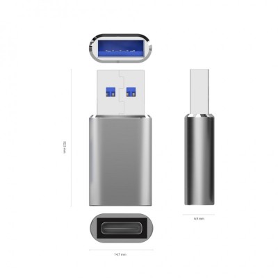 AISENS Mini Adaptador USB 3.2 Gen2  USB 2.0 3A, Tipo USB-CH-AM, Gris