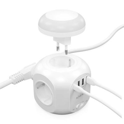 AISENS Regleta de Enchufes Sobremesa Multifuncion con 4 Tomas + 1XUSB-C, 3XUSB-A, Luz Nocturna, 1.8M, Blanco