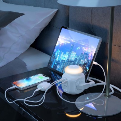 AISENS Regleta de Enchufes Sobremesa Multifuncion con 4 Tomas + 1XUSB-C, 3XUSB-A, Luz Nocturna, 1.8M, Blanco