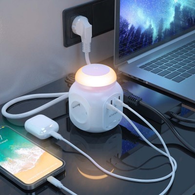 AISENS Regleta de Enchufes Sobremesa Multifuncion con 4 Tomas + 1XUSB-C, 3XUSB-A, Luz Nocturna, 1.8M, Blanco