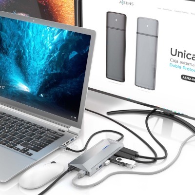 AISENS USB-C Dock 12 En 1, USB-C A 2xHDMI, 1xRJ45, 3xUSB-A, 2xUSB-C, 1xUSB-C PD, 1xAudio, 1xSD, 1xMicro SD, Gris, 30cm