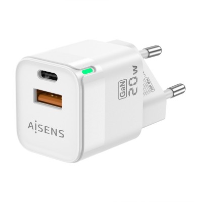 AISENS Cargador Gan 20W, 1xUSB-C PD3.0 QC4.0, 1xUSB-A QC3.0, Blanco