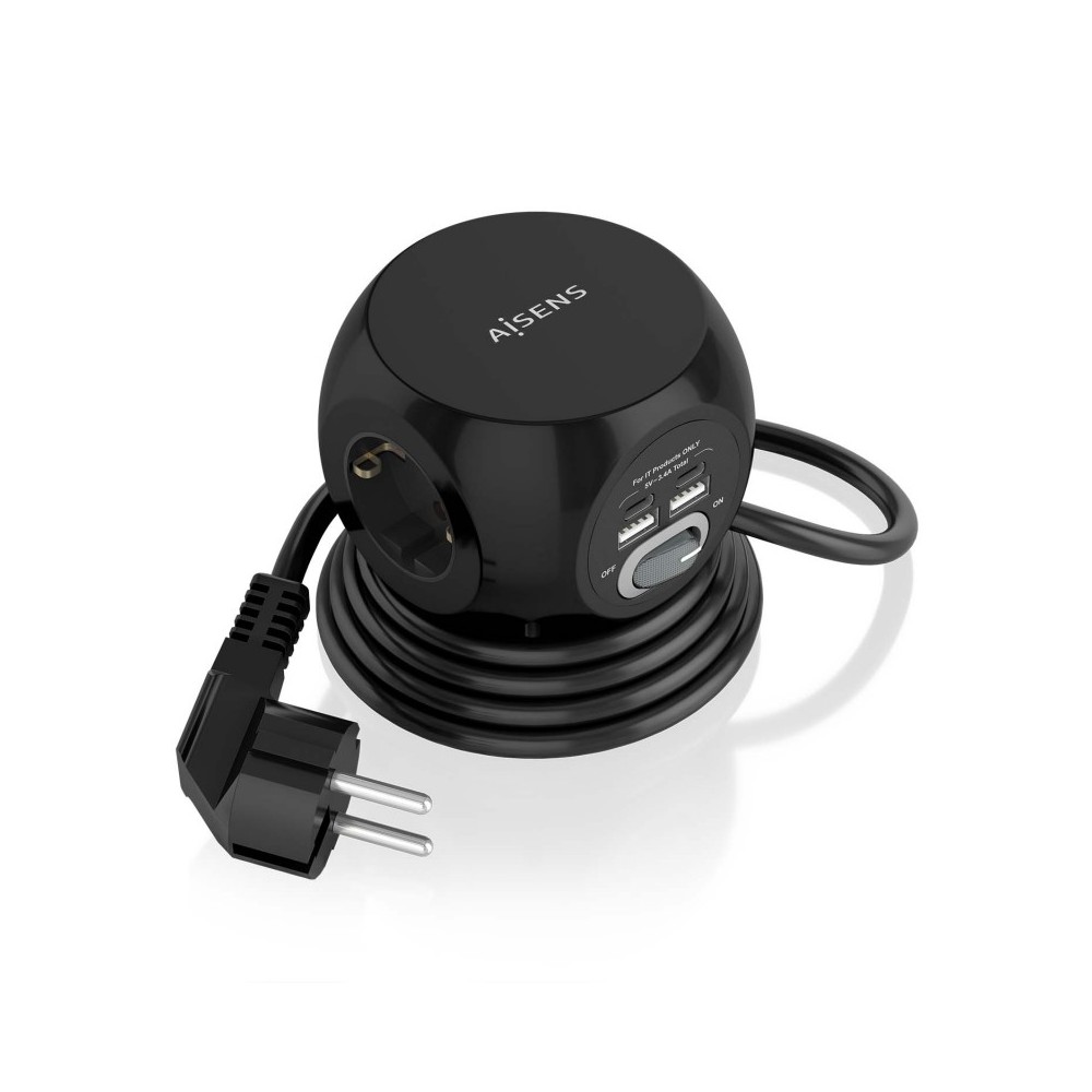 AISENS Regleta de Enchufes Sobremesa Multifuncion con 3 Tomas + 2xUSB-C, 2xUSB-A, 1.4M, Negro