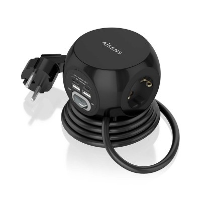 AISENS Regleta de Enchufes Sobremesa Multifuncion con 3 Tomas + 2xUSB-C, 2xUSB-A, 1.4M, Negro