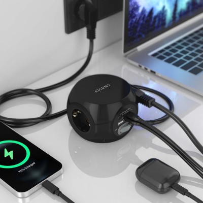 AISENS Regleta de Enchufes Sobremesa Multifuncion con 3 Tomas + 2xUSB-C, 2xUSB-A, 1.4M, Negro