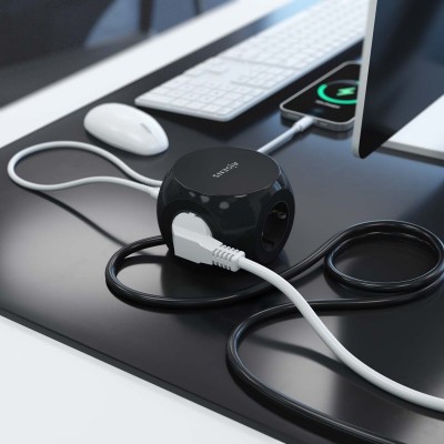 AISENS Regleta de Enchufes Sobremesa Multifuncion con 3 Tomas + 2xUSB-C, 2xUSB-A, 1.4M, Negro