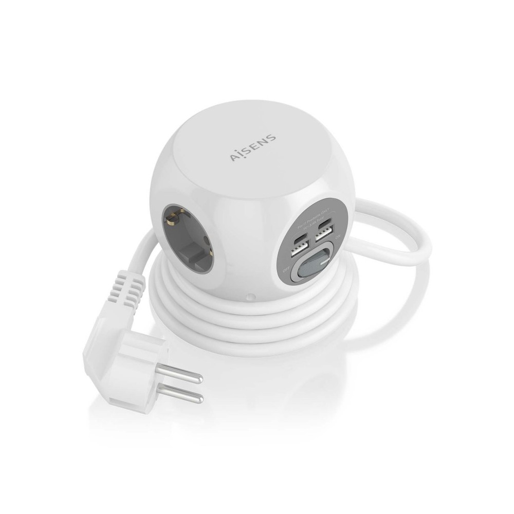 AISENS Regleta de Enchufes Sobremesa Multifuncion con 3 Tomas + 2xUSB-C, 2xUSB-A, 1.4M, Blanco
