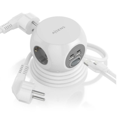 AISENS Regleta de Enchufes Sobremesa Multifuncion con 3 Tomas + 2xUSB-C, 2xUSB-A, 1.4M, Blanco