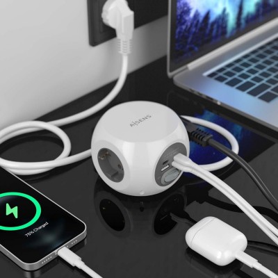 AISENS Regleta de Enchufes Sobremesa Multifuncion con 3 Tomas + 2xUSB-C, 2xUSB-A, 1.4M, Blanco