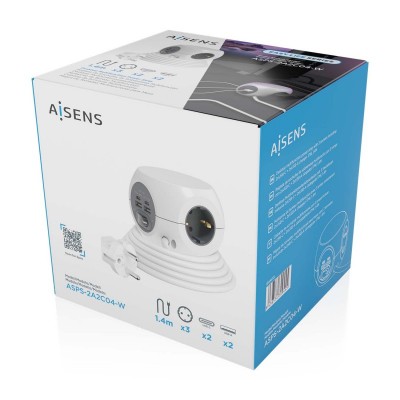 AISENS Regleta de Enchufes Sobremesa Multifuncion con 3 Tomas + 2xUSB-C, 2xUSB-A, 1.4M, Blanco