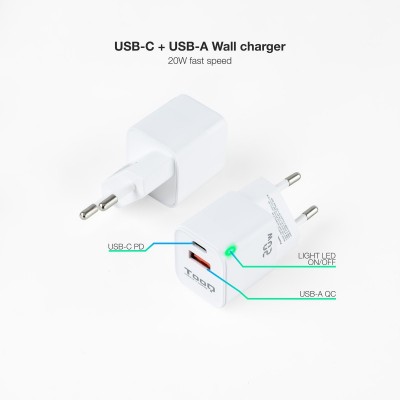 TooQ Cargador de Pared USB-CPD + USB-AQC 20W, Blanco