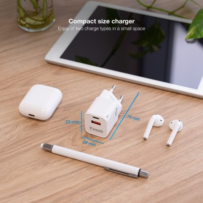TooQ Cargador de Pared USB-CPD + USB-AQC 20W, Blanco