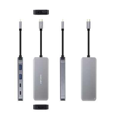 Nanocable HUB USB-C 6 en 1, Conversor USB-C 3.2 GEN1 5G a 2 x USB-A + 2 x USB-C + HDMI + USB-C PD 100W, Aluminio, 15 cm, Gris