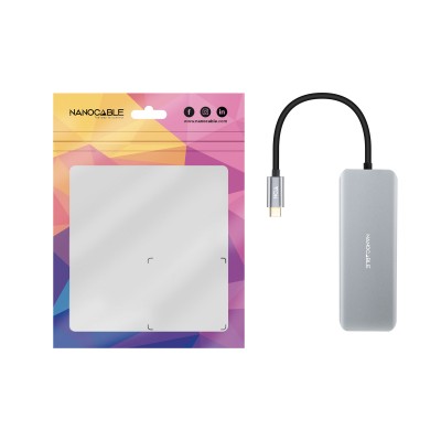 Nanocable HUB USB-C 6 en 1, Conversor USB-C 3.2 GEN1 5G a 2 x USB-A + 2 x USB-C + HDMI + USB-C PD 100W, Aluminio, 15 cm, Gris