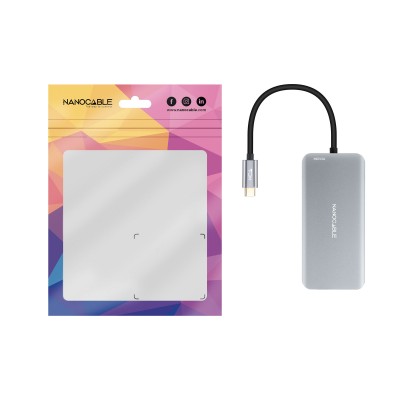 Nanocable HUB USB-C 9 en 1, Conversor USB-C a 3 x USB-A + 2 x HDMI + RJ45 + TF + SD + USB-C PD 100W, Aluminio, 15 cm, Gris