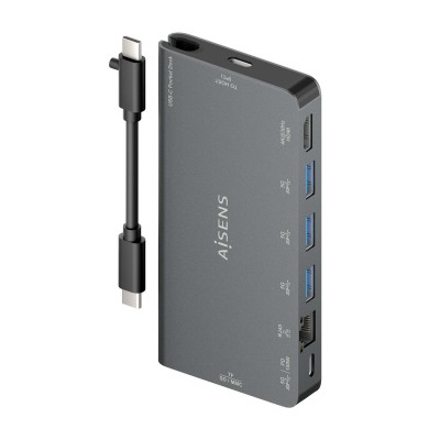 AISENS USB-C Dock 8 en 1, USB-C a 1xHDMI, 1xRJ45, 3xUSB-A, 1xUSB-C Datos+PD, 1xSD, 1xMicro SD, Gris, 10 cm