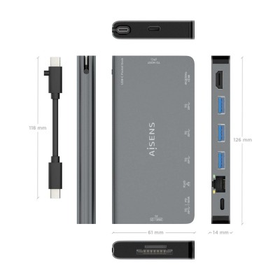 AISENS USB-C Dock 8 en 1, USB-C a 1xHDMI, 1xRJ45, 3xUSB-A, 1xUSB-C Datos+PD, 1xSD, 1xMicro SD, Gris, 10 cm