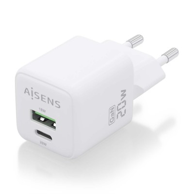 AISENS Cargador GaN 20W, 1xUSB-C PD3.0 QC4.0, 1xUSB-A QC3.0, Blanco
