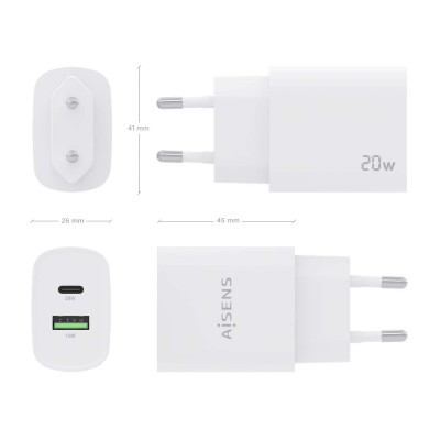 AISENS Cargador 20W, 1xUSB-C PD3.0, 1xUSB-A QC3.0, Blanco
