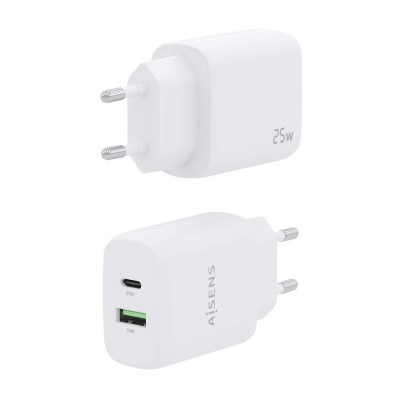 AISENS Cargador 25W, 1xUSB-C PD3.0, 1xUSB-A QC3.0, Blanco