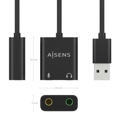 AISENS Conversor USB-A a Audio 48KHz, USB-AM-2xJack 3.5H, Negro, 10 cm