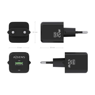AISENS Cargador GaN 20W, 1xUSB-C PD3.0 QC4.0, 1xUSB-A QC3.0, Negro