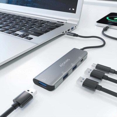 AISENS Hub USB 3.2 Gen1 5G USB-C, USB-CM-1xUSB-CH-3xUSB-AH, Gris, 15 cm