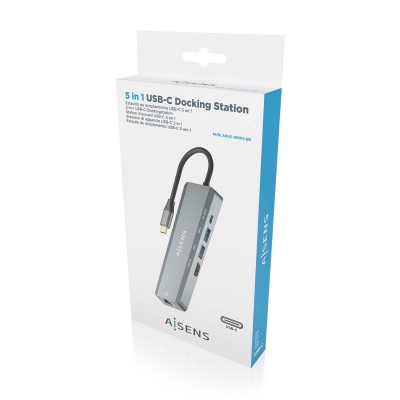 AISENS USB-C Dock 5 en 1, USB-C a 1xHDMI, 1xRJ45, 2xUSB, 1xPD, Gris, 15 cm