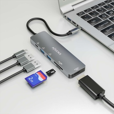 AISENS USB-C Dock 6 EN 1, USB-C a 1xHDMI, 2xUSB-A, 1xUSB-C PD 100W, 1xSD, 1xMicro SD, Gris, 15cm