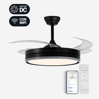 UNIVERSALBLUE Ventilador de Techo Negro con Luz LED. Ventilador WIFI Silencioso. Aspas Retráctiles. Control Móvil y Mando