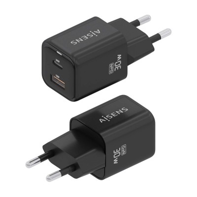 AISENS Cargador Gan 30W, 1xUSB-C PD3.0 QC4.0, 1xUSB-A QC3.0, Negro